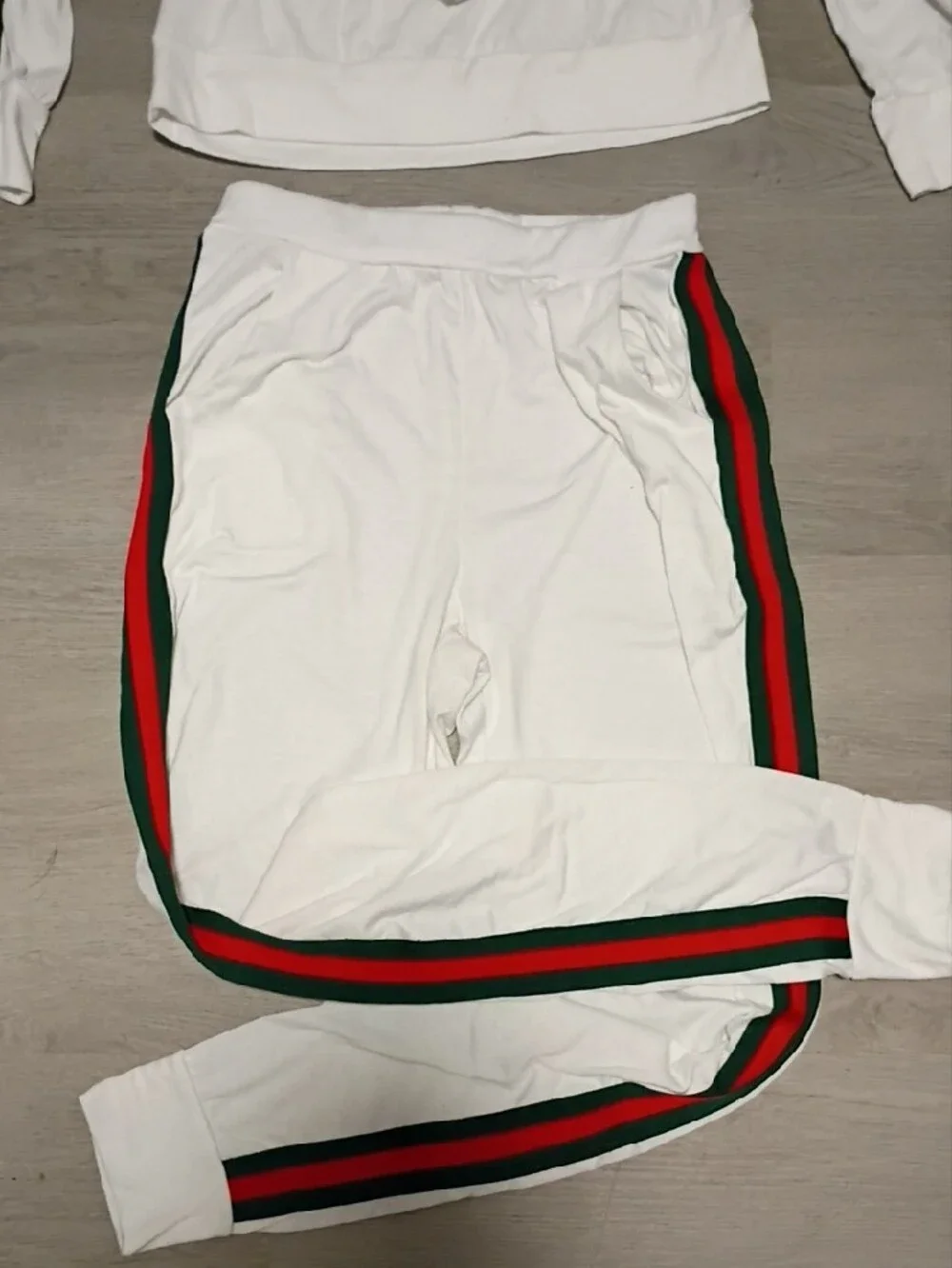 Womans White Hooded Pajama Set with Gucci Red & Green Side Stripes